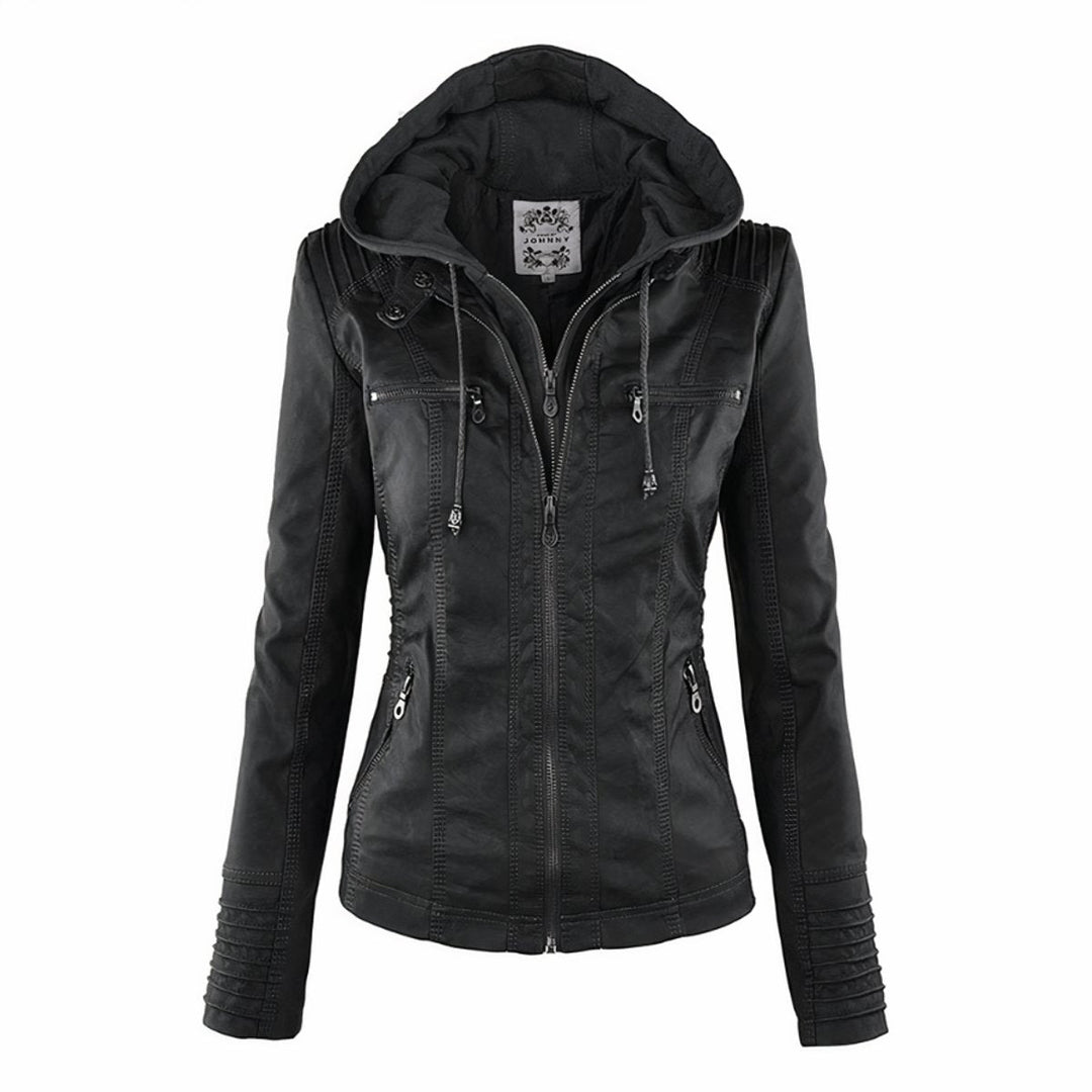Katharina biker leather jacket in black with zip pockets, front view