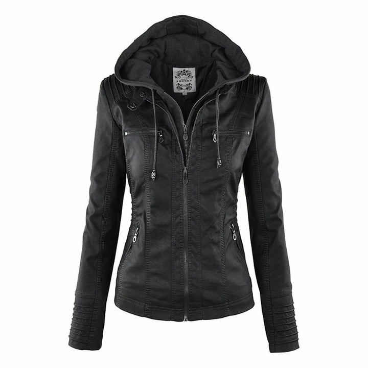 Katharina biker leather jacket in black with zip pockets, front view