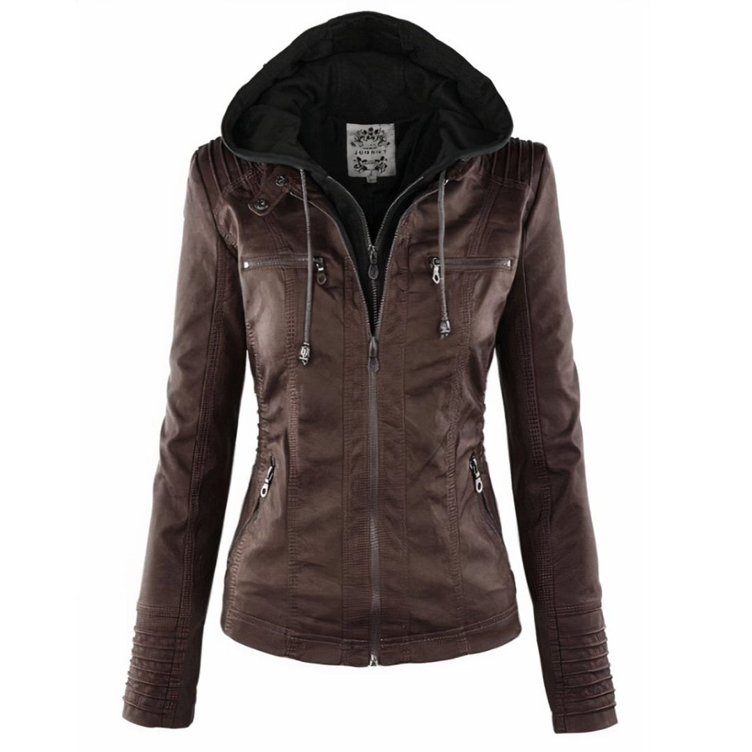 Katharina biker leather jacket in dark brown with contrast hood lining