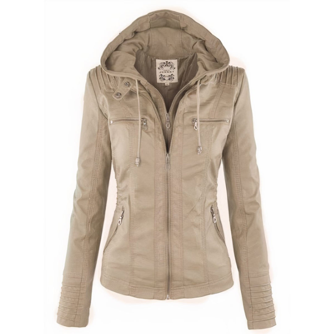 Katharina biker leather jacket in beige with adjustable drawstring hood
