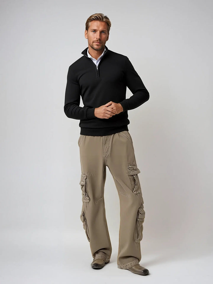 Sebastian black half-zip jumper, full body styled with cargo trousers