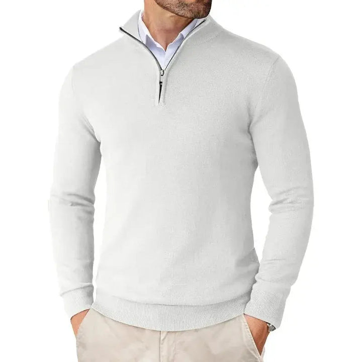 Sebastian white half-zip jumper, close-up front view