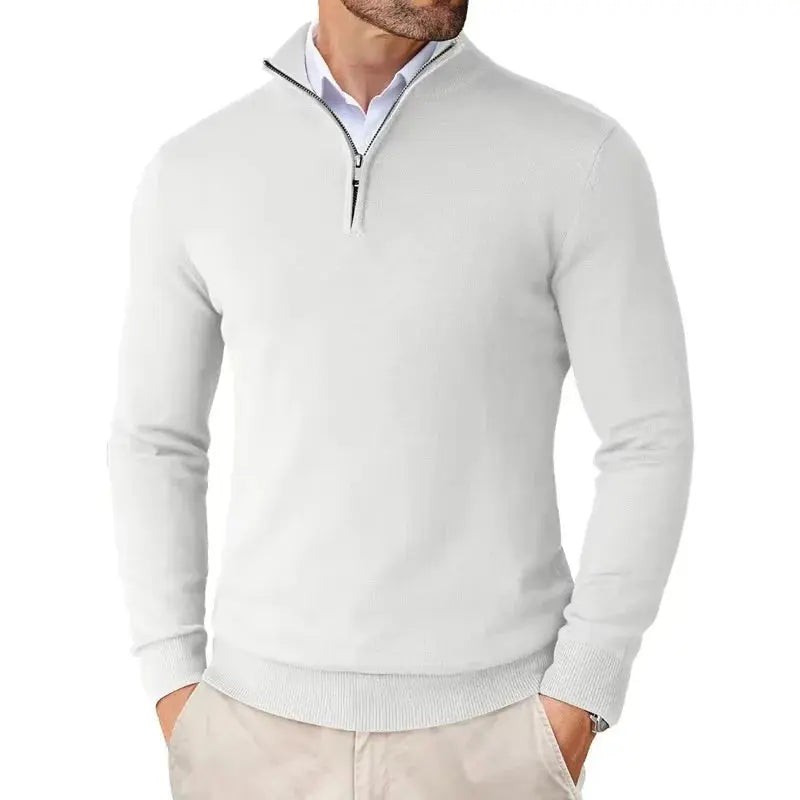 Sebastian navy half-zip jumper, close-up front view