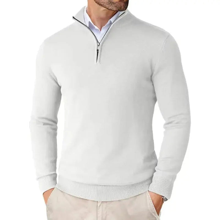 Sebastian navy half-zip jumper, close-up front view