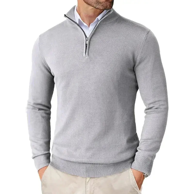 Sebastian navy half-zip jumper, close-up front view