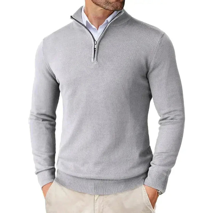 Sebastian navy half-zip jumper, close-up front view