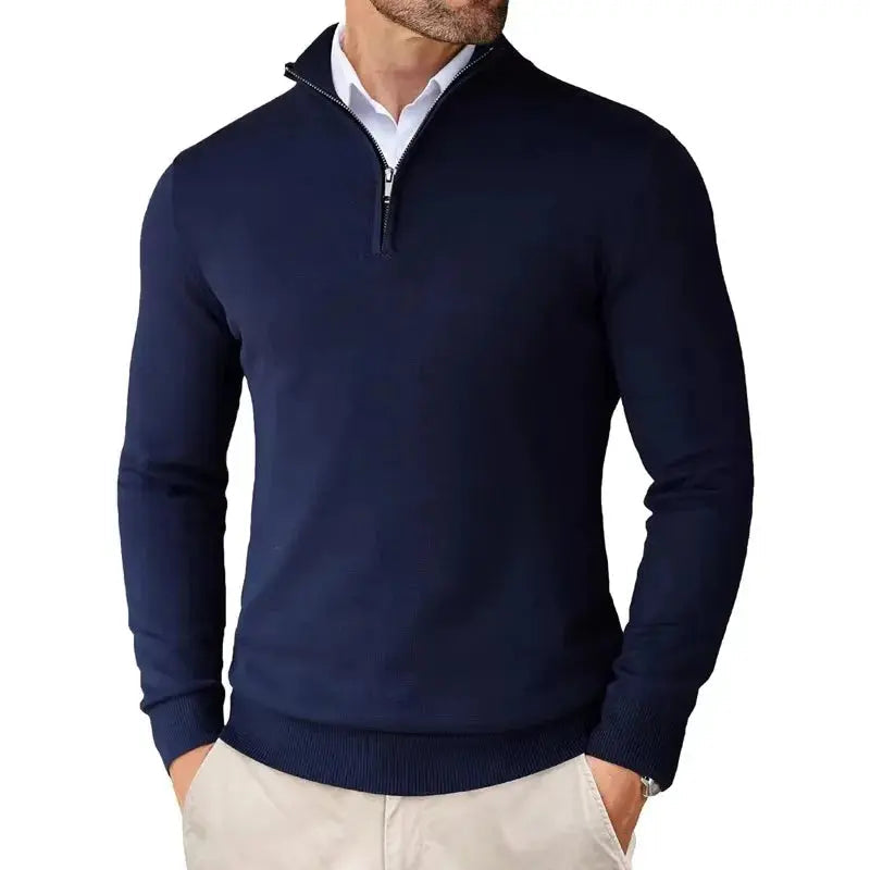 Sebastian navy half-zip jumper, close-up front view