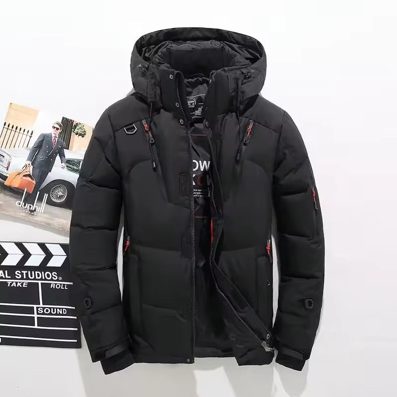 Caspian insulated winter parka in black, front view fully zipped open