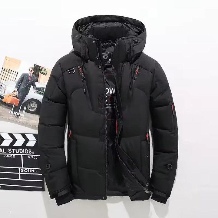 Caspian insulated winter parka in black, front view fully zipped open