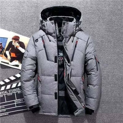 Caspian insulated winter parka in grey, front view with hood up