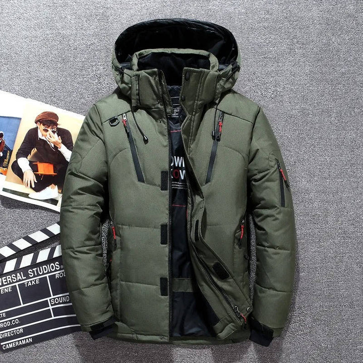 Caspian insulated winter parka in army green, front view fully zipped open