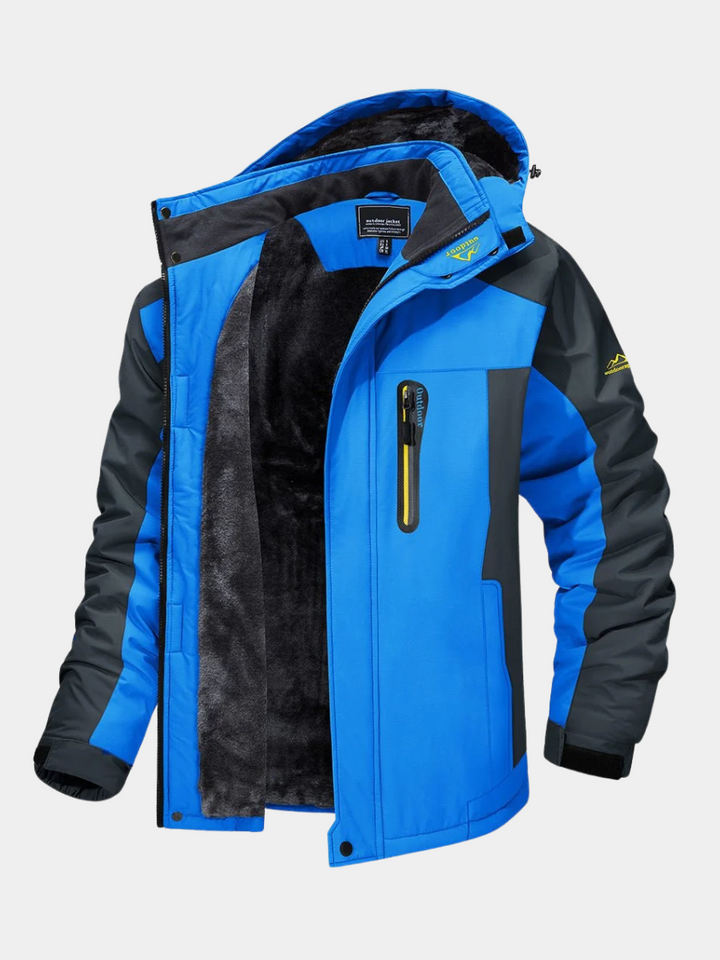 Reginald blue insulated hooded winter jacket, open front view showing fleece lining