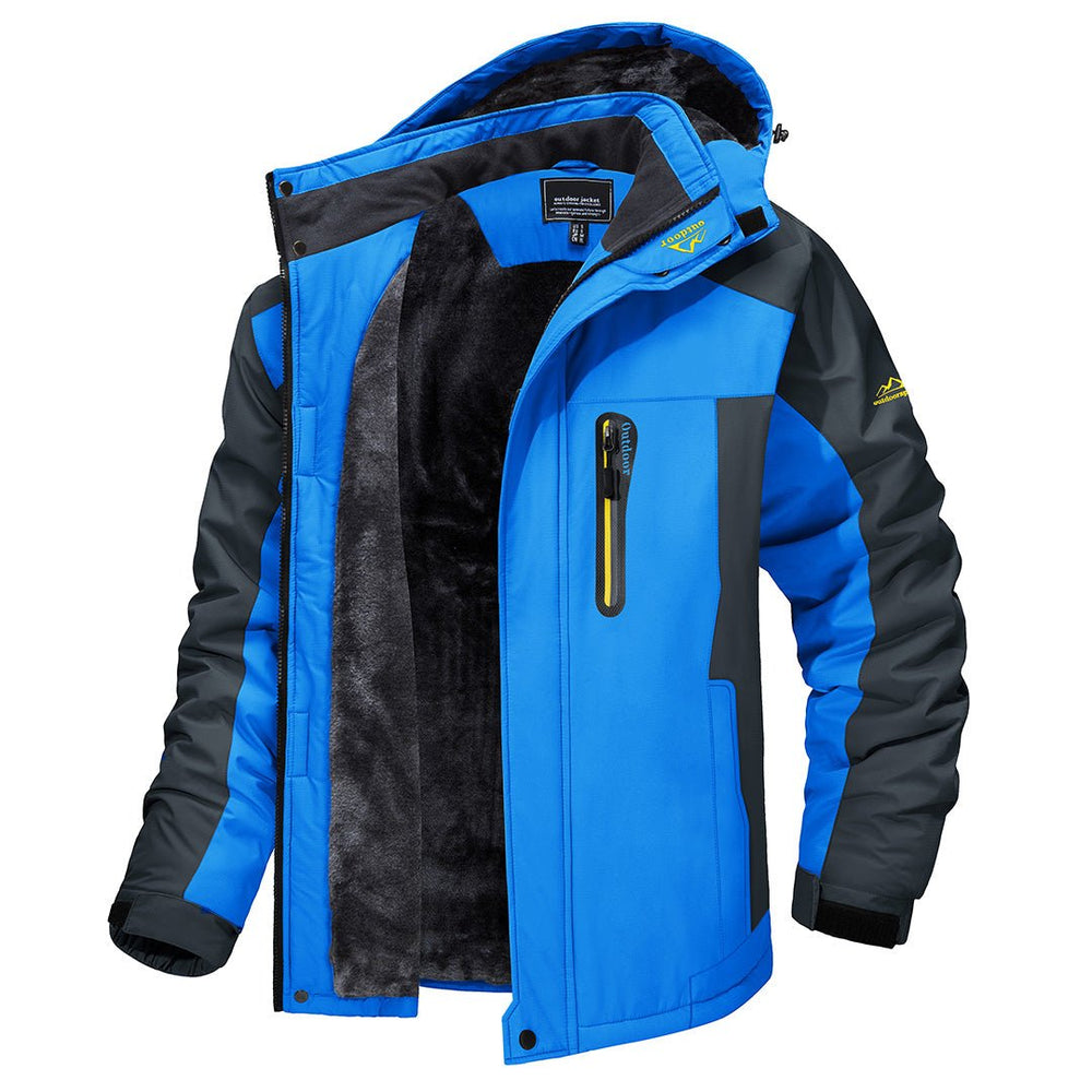 Reginald blue insulated hooded winter jacket, side angle view