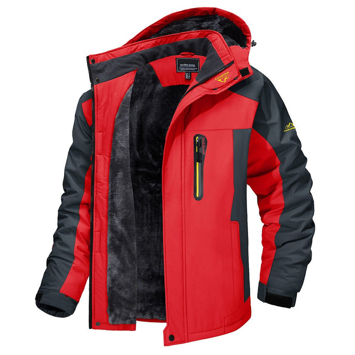 Reginald red insulated hooded winter jacket, open front view