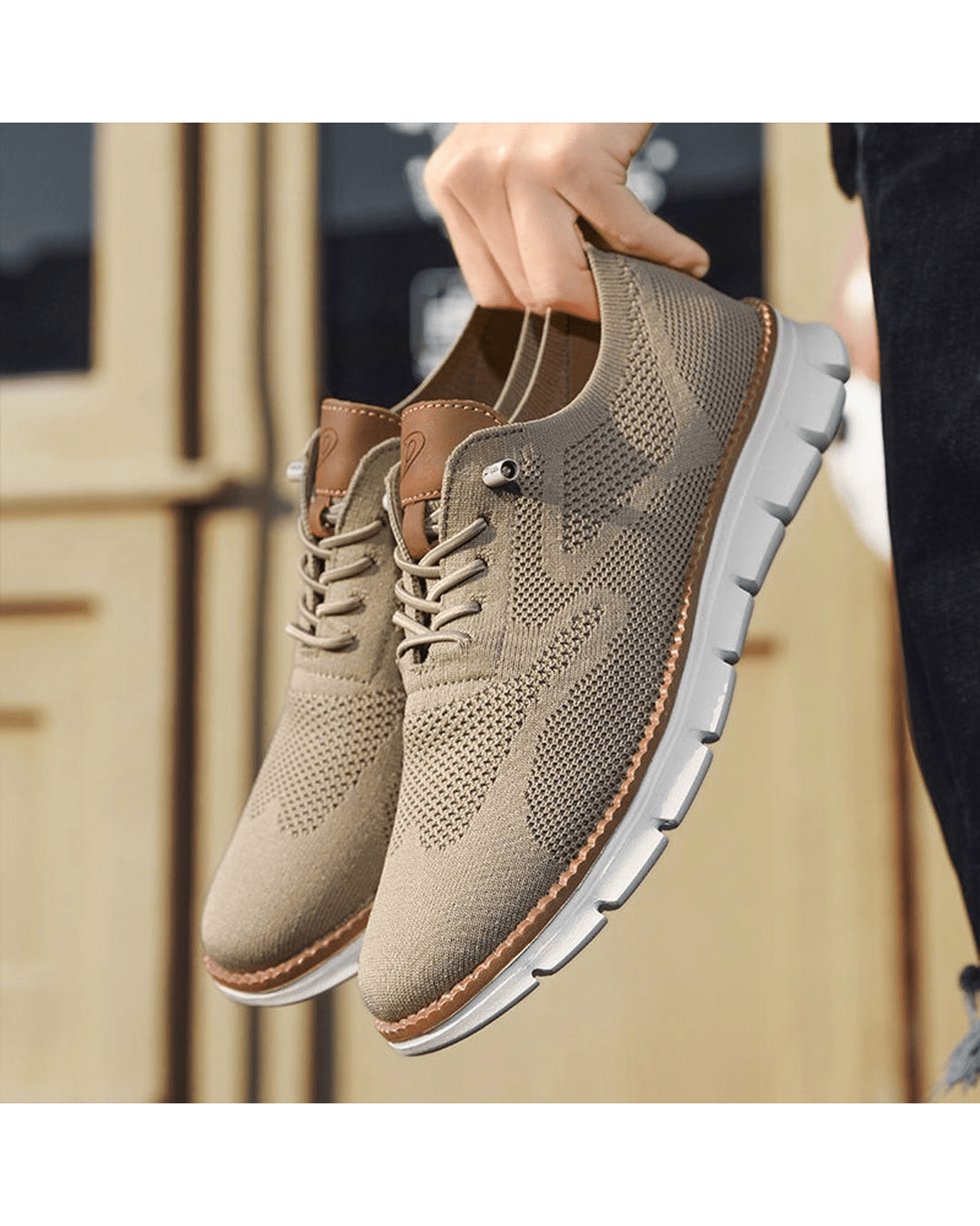 Elias olive knit lace-up trainers, side view