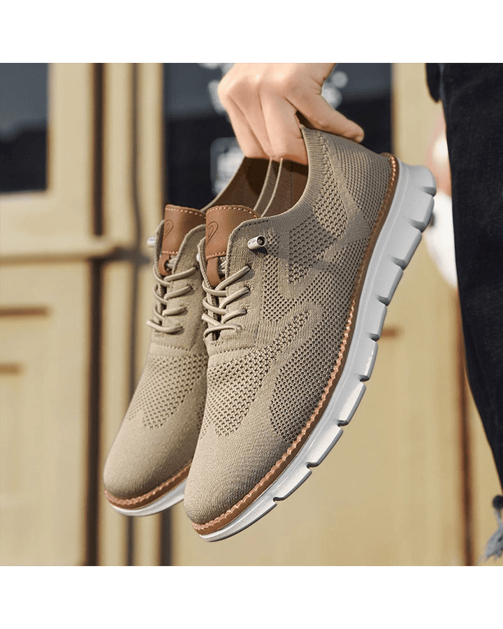 Elias olive knit lace-up trainers, side view