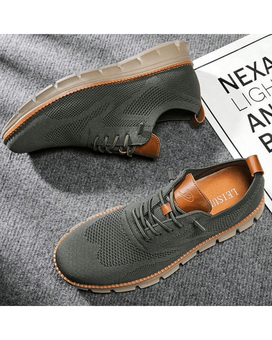 Elias olive knit lace-up trainers, side view