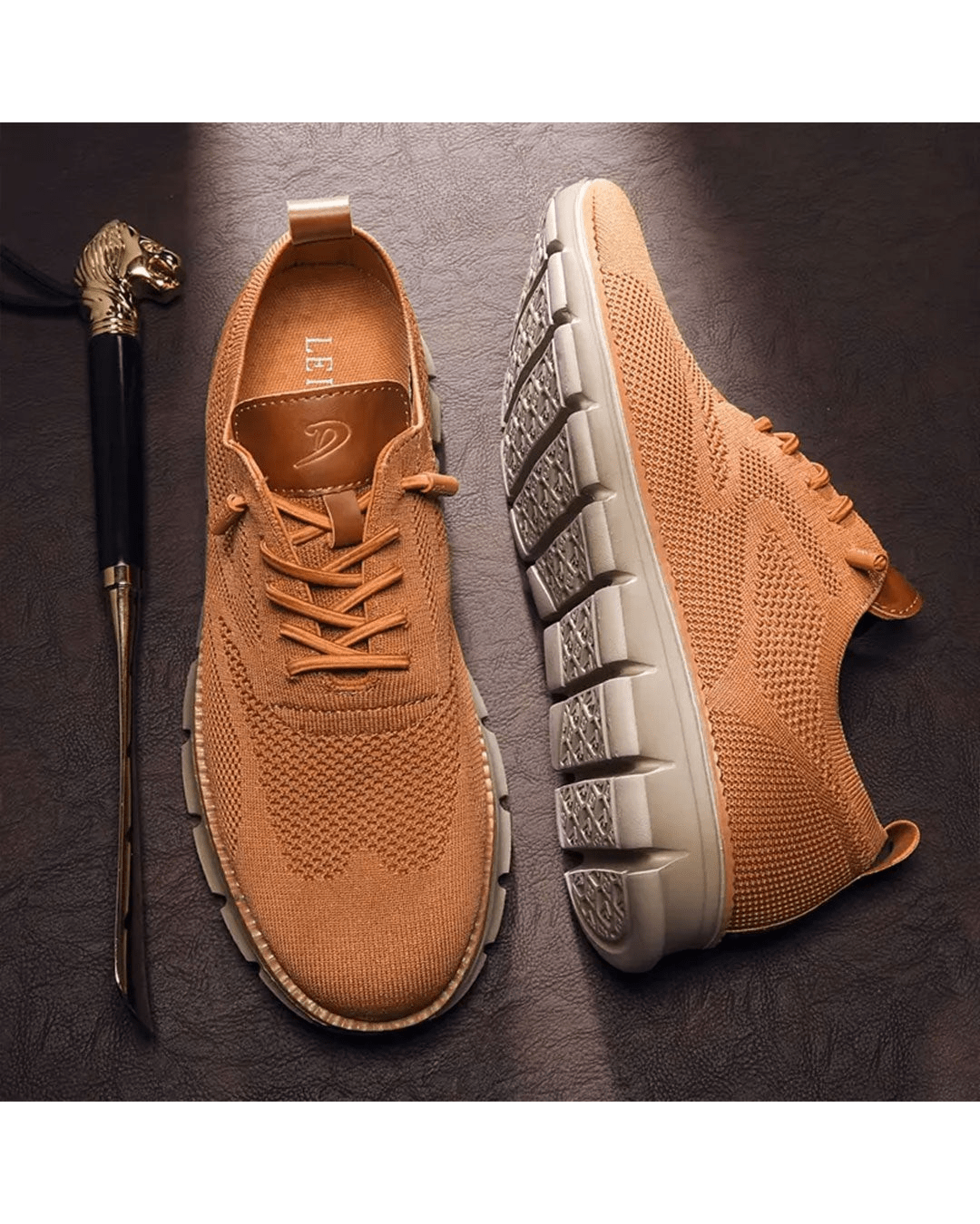 Elias olive knit lace-up trainers, side view