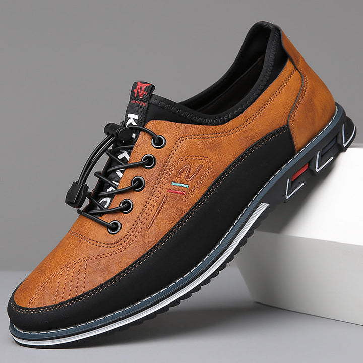 Edison men's lace-up casual shoe in brown with black panelling, side view