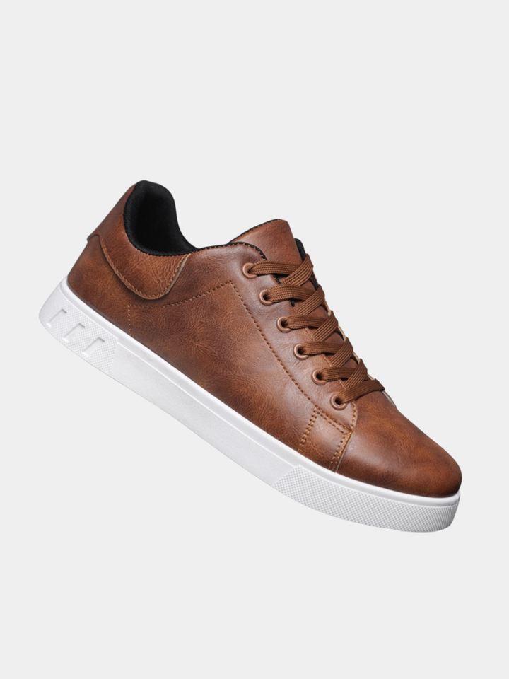 Theodore brown leather lace-up sneakers, angled front view