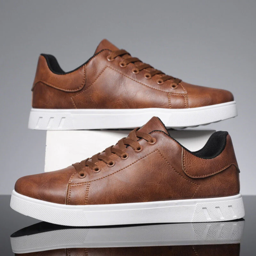 Theodore brown leather lace-up sneakers, pair stacked view