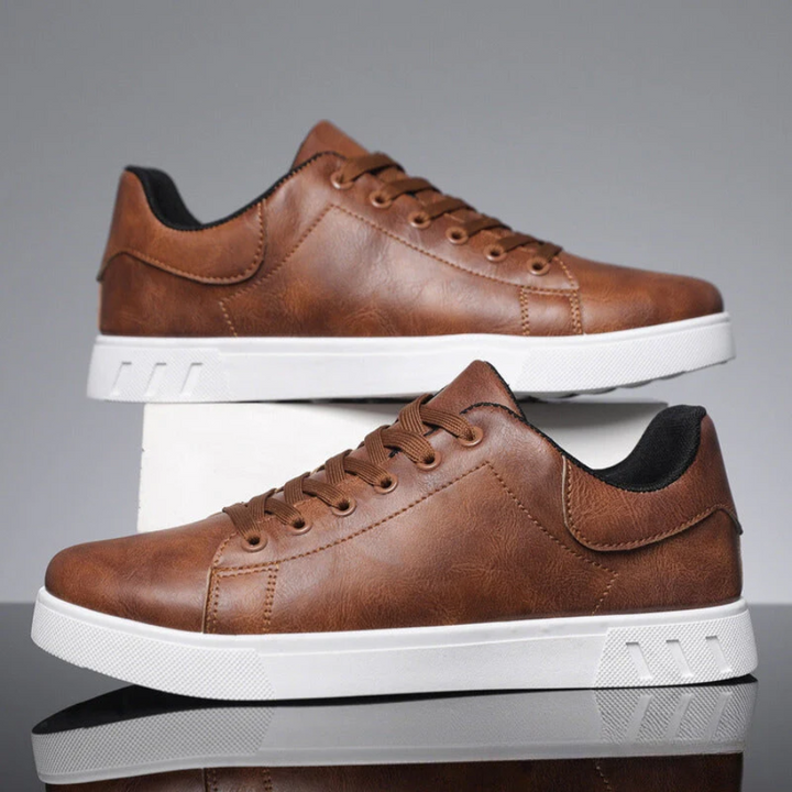 Theodore brown leather lace-up sneakers, pair stacked view
