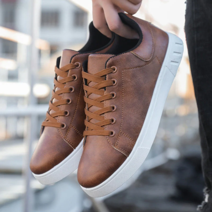 Theodore brown leather lace-up sneakers, pair stacked view