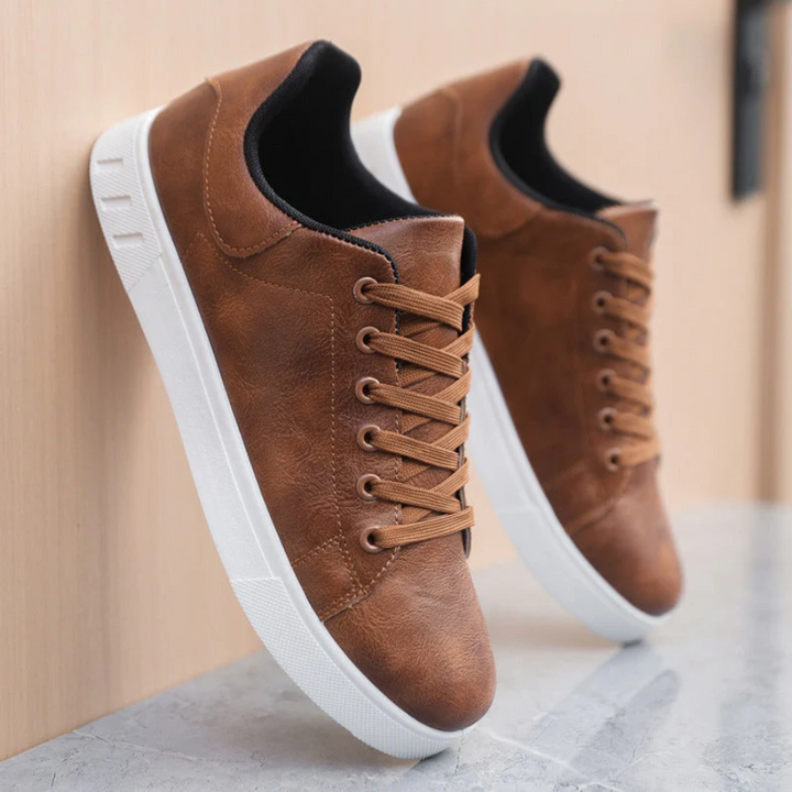 Theodore brown leather lace-up sneakers, pair stacked view