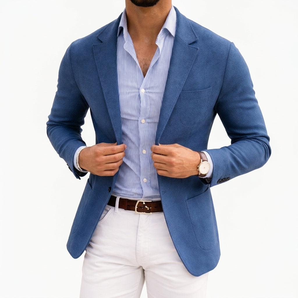 Barnaby notch lapel knit blazer in blue, front view with striped shirt