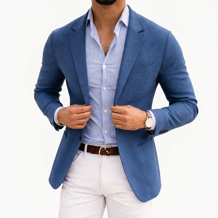 Barnaby notch lapel knit blazer in blue, front view with striped shirt