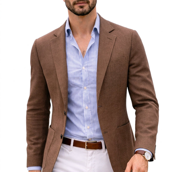 Barnaby tailored knit blazer in beige, outdoor styling