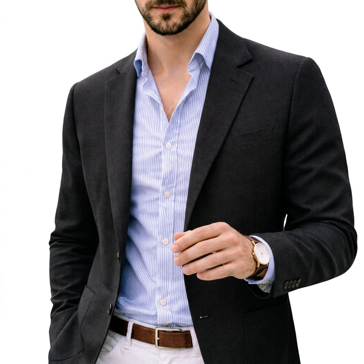 Barnaby tailored knit blazer in beige, outdoor styling