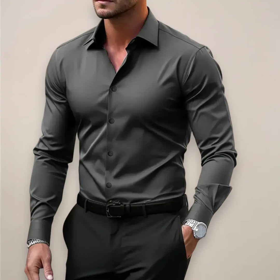 Vincent dark grey long sleeve shirt with notched collar, front view