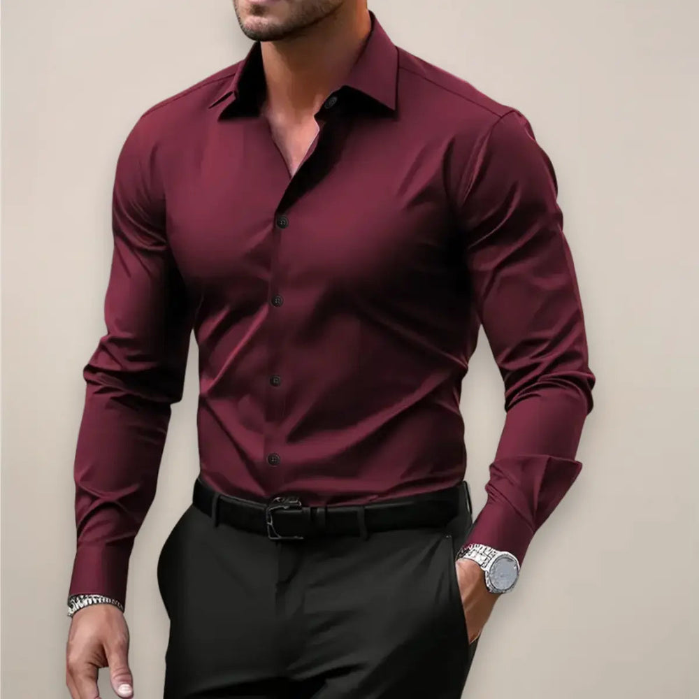 Vincent red wine long sleeve shirt with button placket, front view