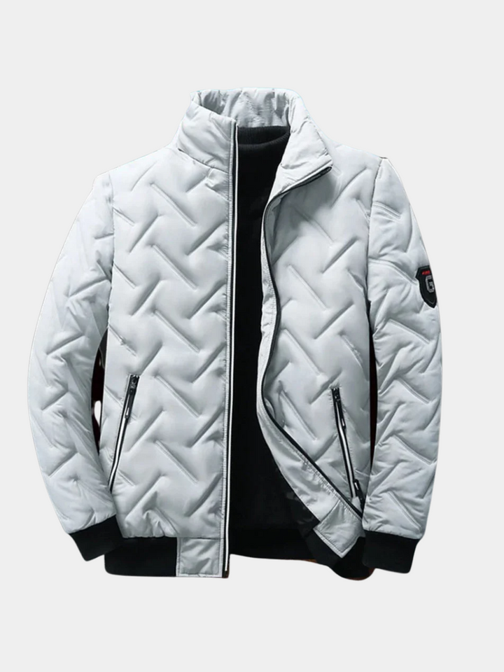 Barnaby grey quilted bomber jacket, open front view with jumper underneath