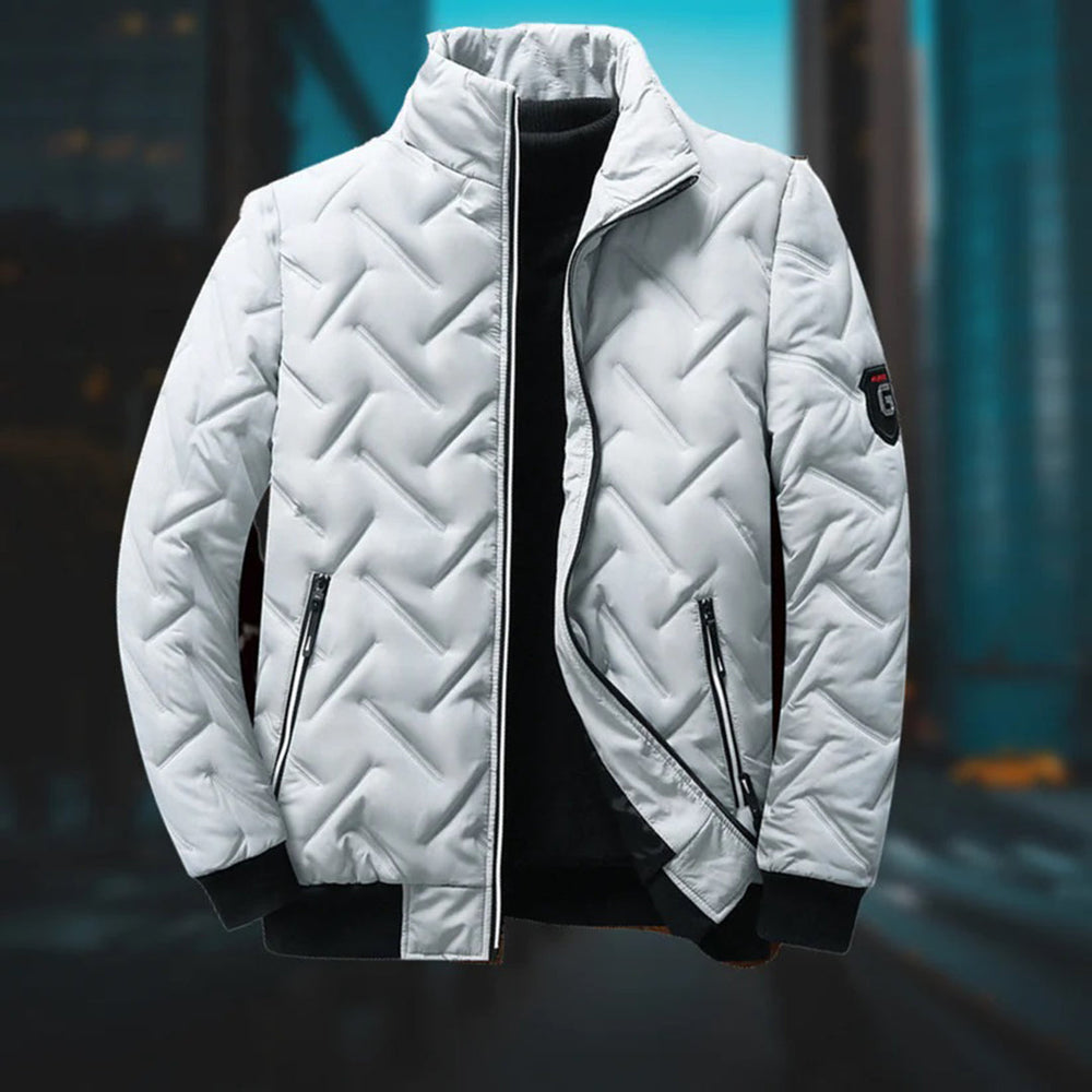 Barnaby grey quilted bomber jacket, studio front view
