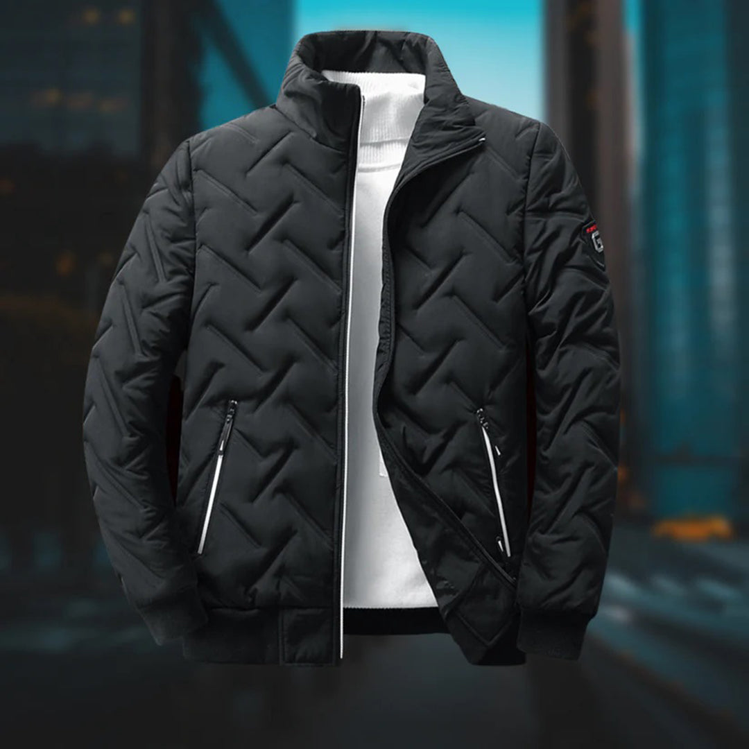 Barnaby black quilted bomber jacket, front view with white jumper