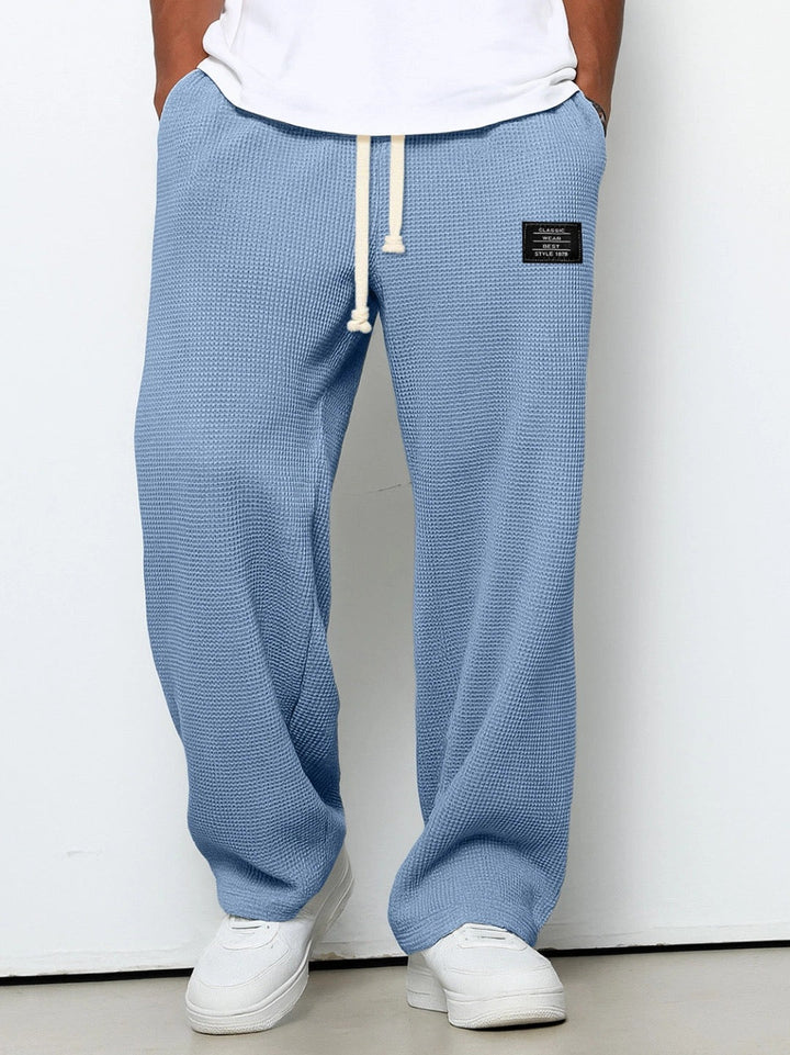 Huxley relaxed straight leg joggers in sky blue, close-up on waistband