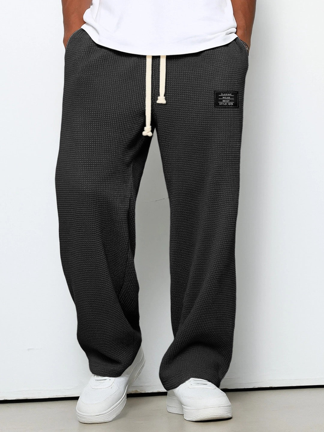 Huxley relaxed straight leg joggers in grey, front view