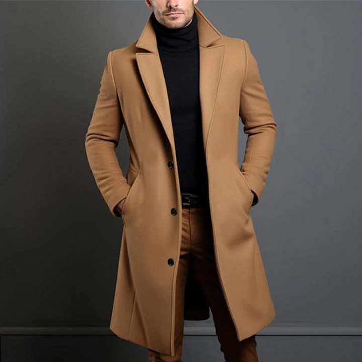 Montgomery tan single-breasted long coat with notched lapel, front view