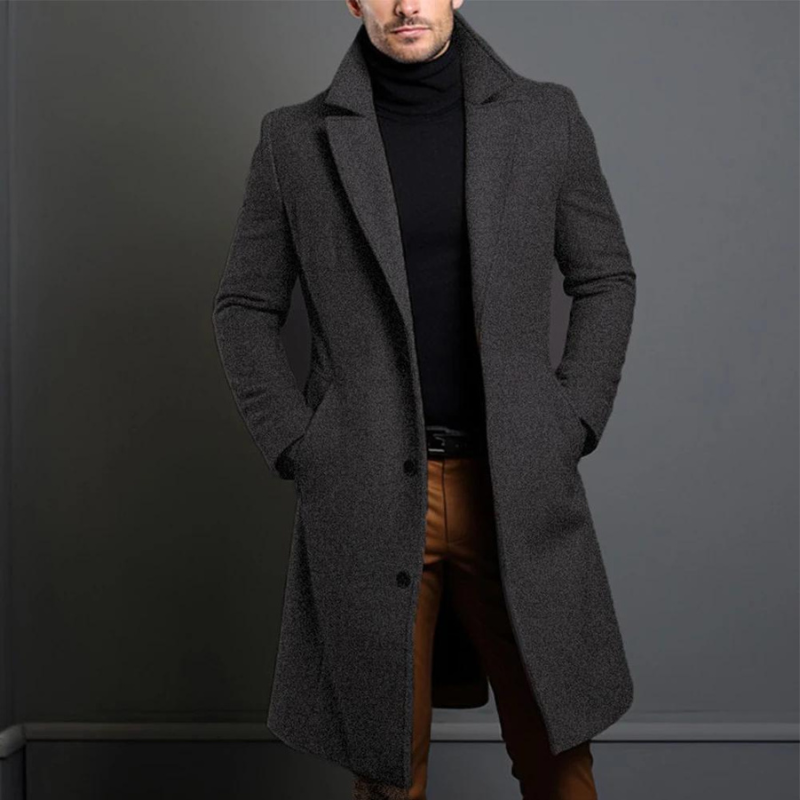 Montgomery charcoal long coat with lapel collar, front view