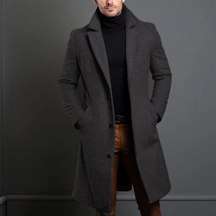 Montgomery charcoal long coat with lapel collar, front view