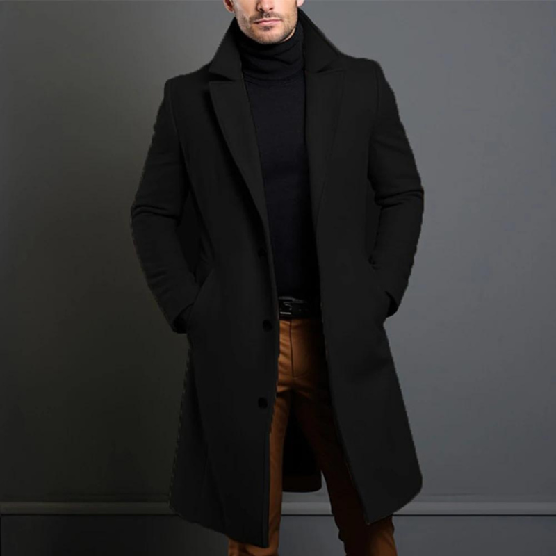 Montgomery black single-breasted long coat, front view
