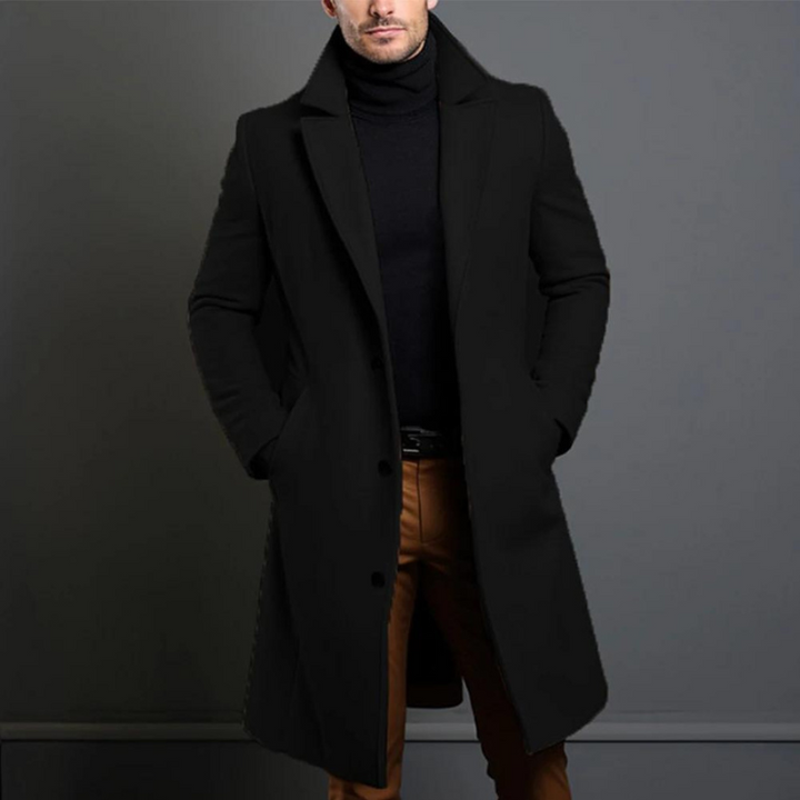 Montgomery black single-breasted long coat, front view