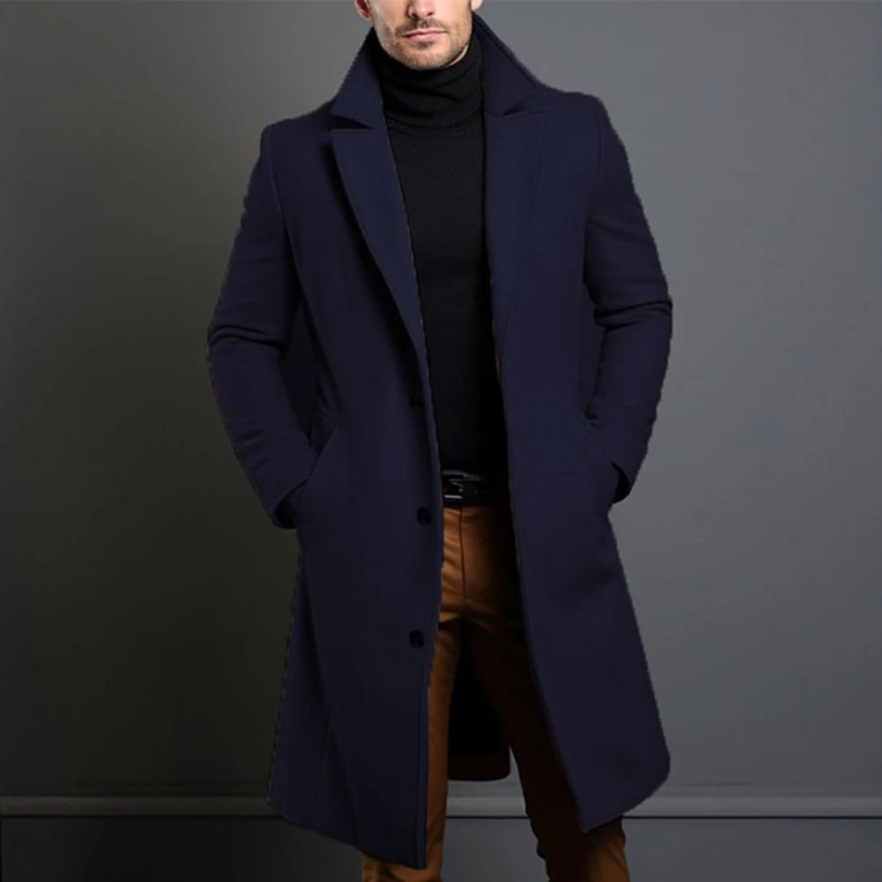 Montgomery navy long coat with notched lapel, front view