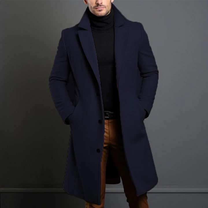 Montgomery navy long coat with notched lapel, front view