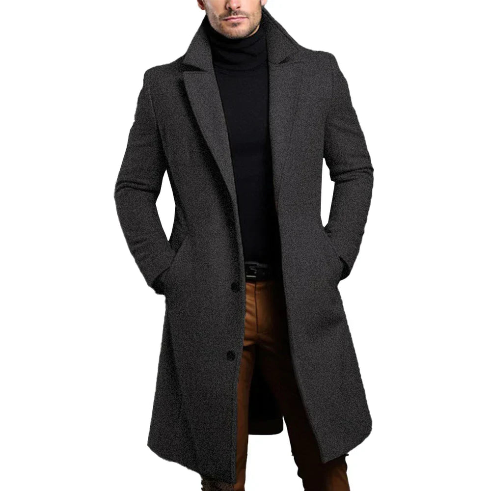 Leopold slim-fit long coat in dark grey, front view