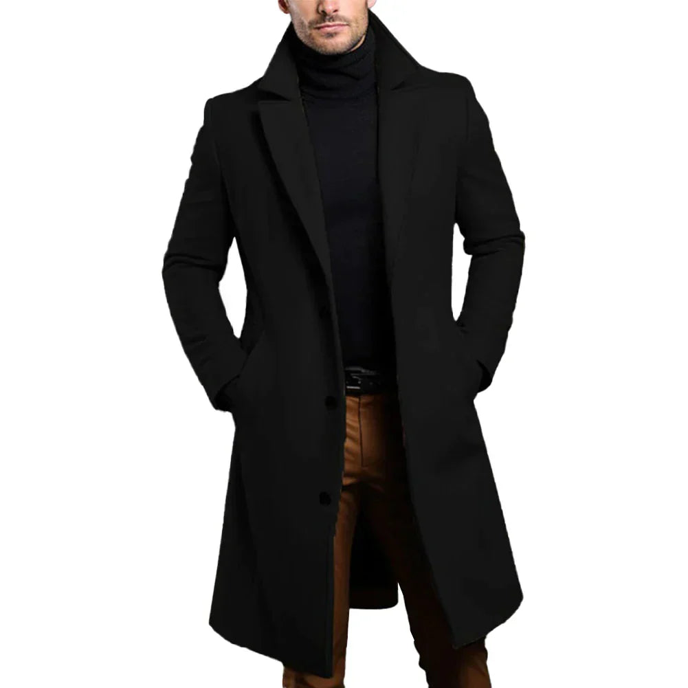 Leopold slim-fit long coat in black, front view