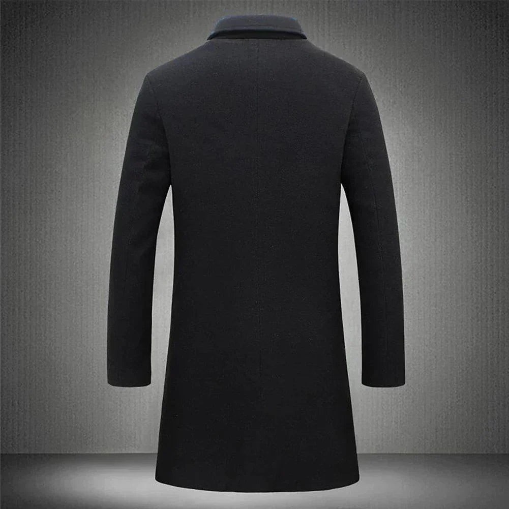 Leopold slim-fit long coat in black, back view