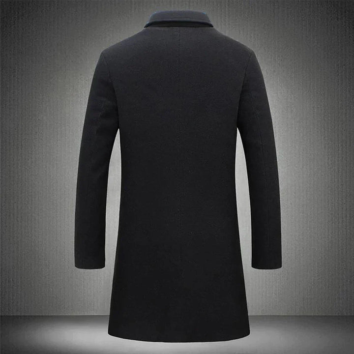 Leopold slim-fit long coat in black, back view